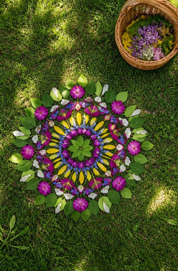 Easy Spring Crafts for Kids and Adults to Make at Home 13 A circular arrangement of natural materials forming a mandala.