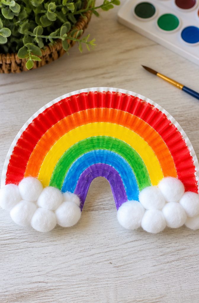 Easy Spring Crafts for Kids and Adults to Make at Home 1 A paper plate rainbow with cotton balls attached at the bottom.