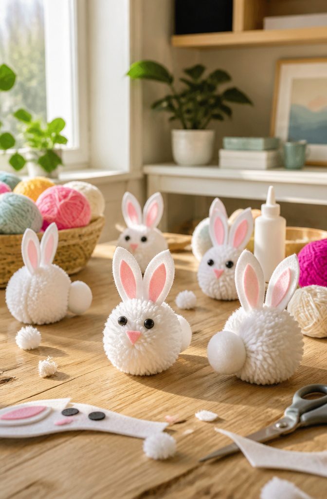 Easy Spring Crafts for Kids and Adults to Make at Home 5 A group of pom-pom bunnies with felt features on a workspace.