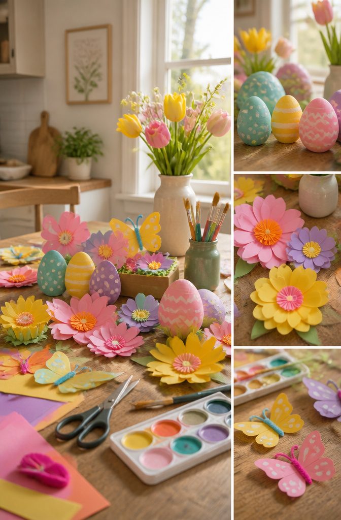 Easy Spring Crafts for Kids and Adults to Make at Home 18 A variety of crafts representing spring themes on display.