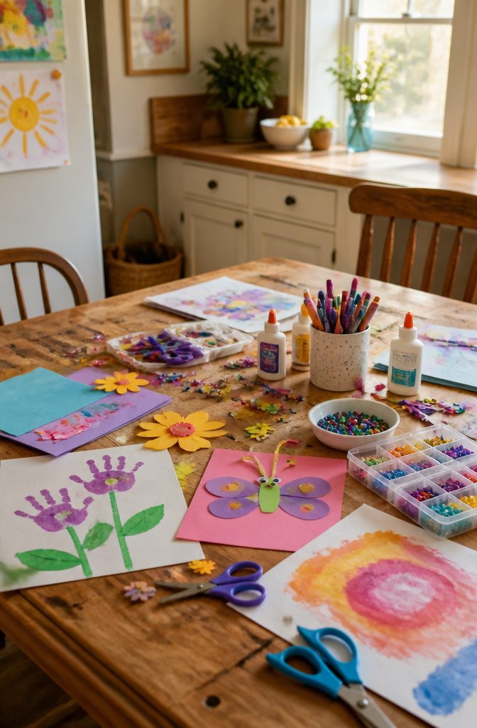 Easy Spring Crafts for Kids and Adults to Make at Home 19 Children creating different craft projects on a kitchen table.