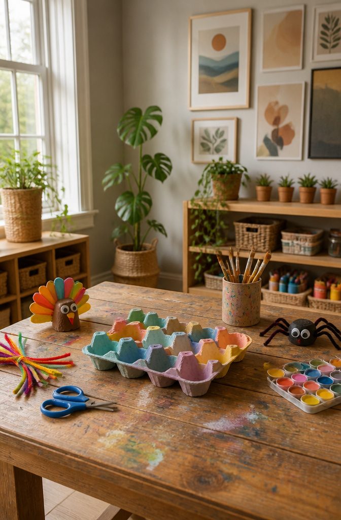 Children and adults engaged in egg tray crafting activities.