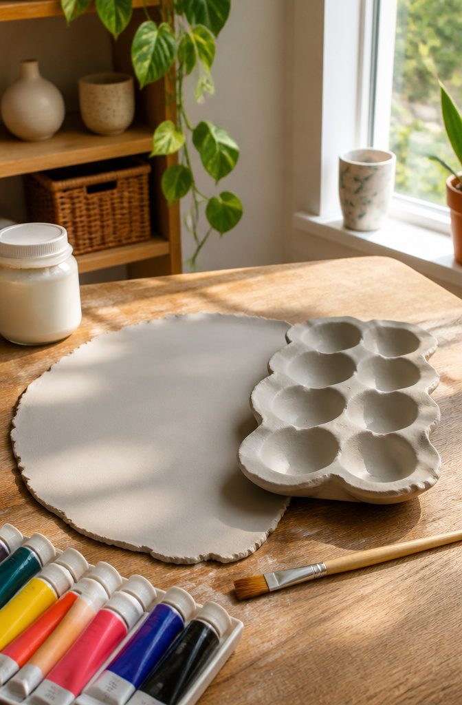 Crafting materials and an egg tray mold on a wooden surface.