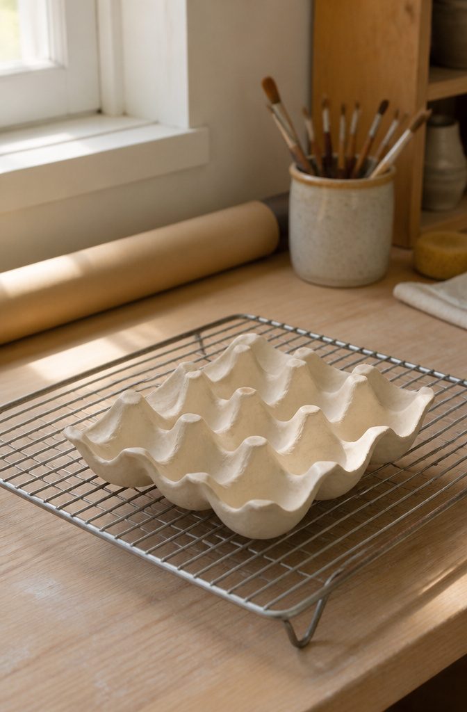 Dried clay egg tray resting on a baking rack.