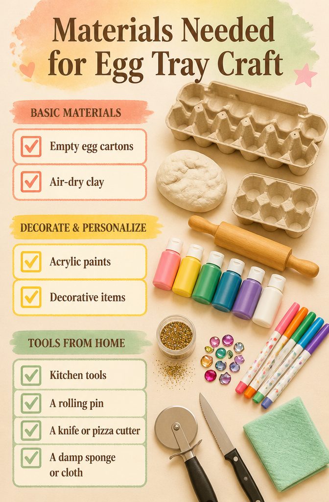 List of materials needed for making an egg tray craft.