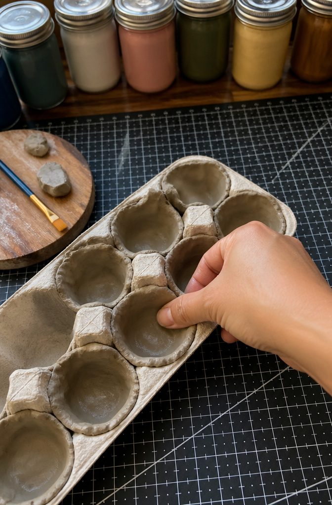 Hand pressing clay into the divots of an egg carton.