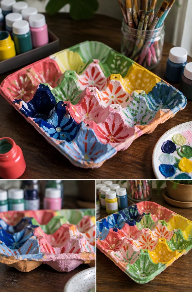 Painted clay egg tray prepared for sealing.