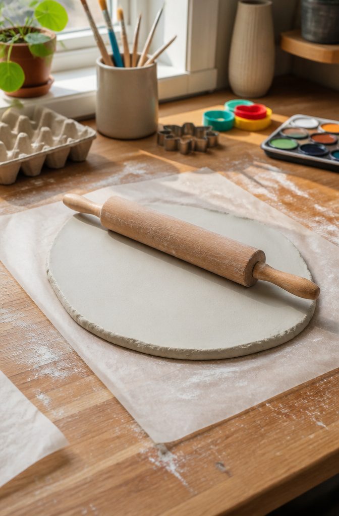 Smooth slab of air-dry clay rolled out on a clean surface.