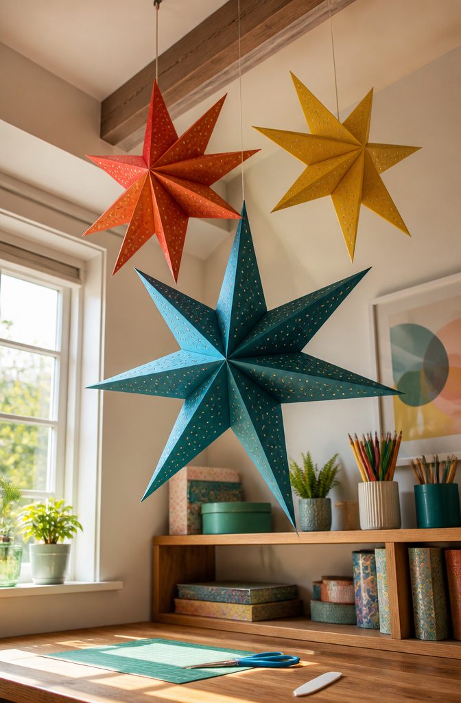 Colorful 3D paper stars displayed on a table.