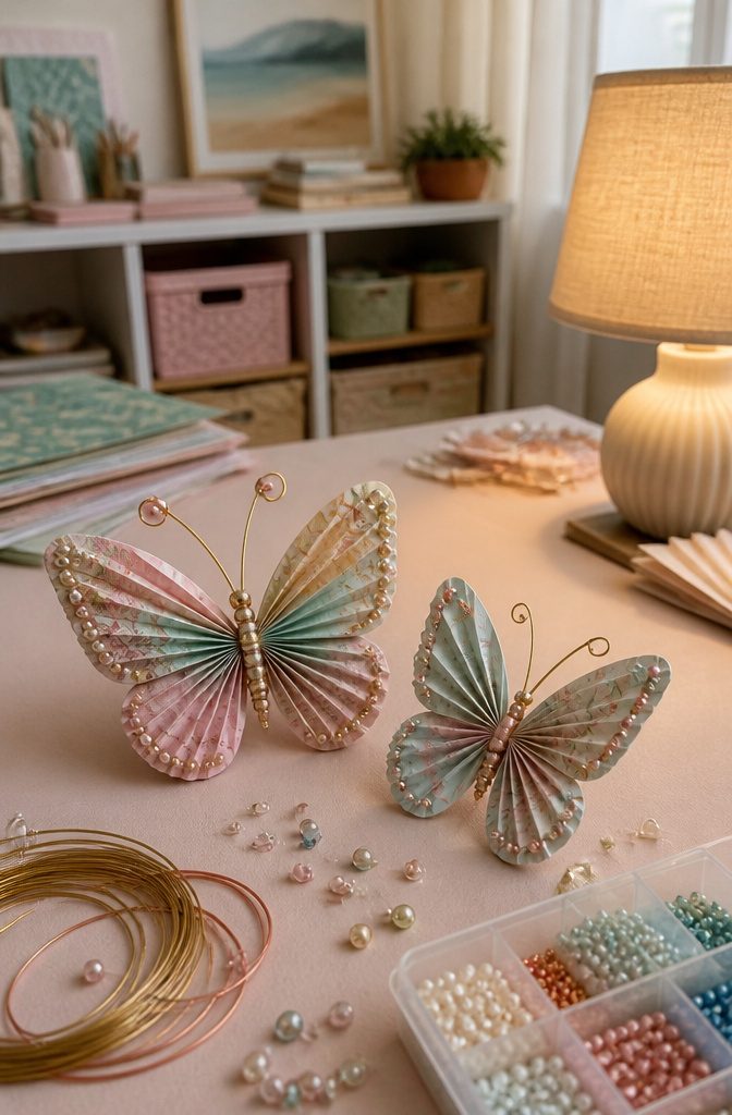 Colorful beaded paper butterflies on a light background.
