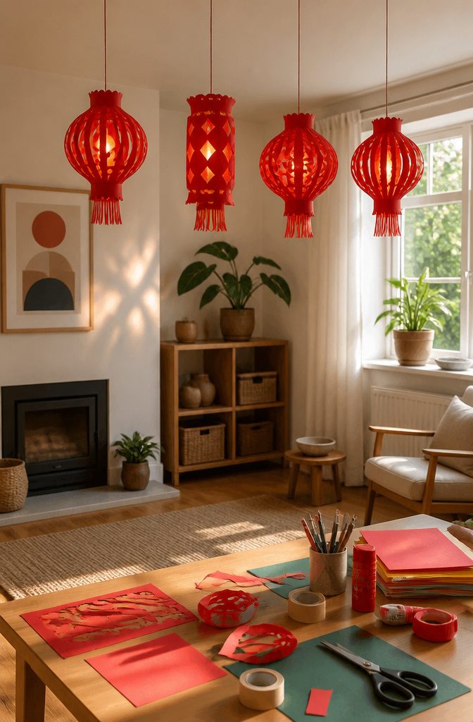 Red accordion paper lanterns with cut patterns.