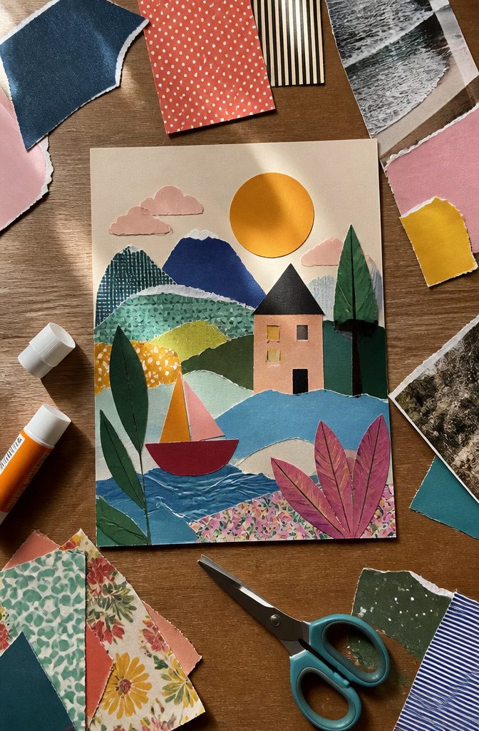 Colorful paper collage made from various materials.