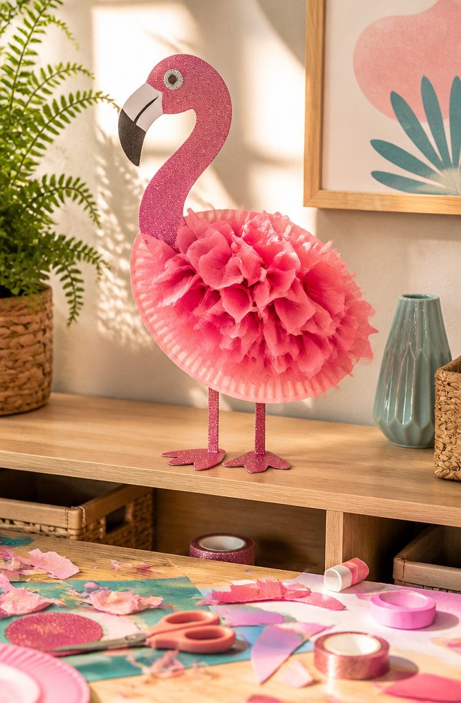 Colorful flamingo craft displayed on a shelf.