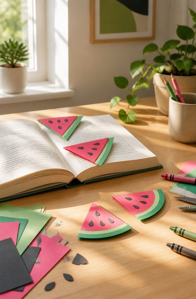 Colorful fruit slice bookmarks arranged on a desk.