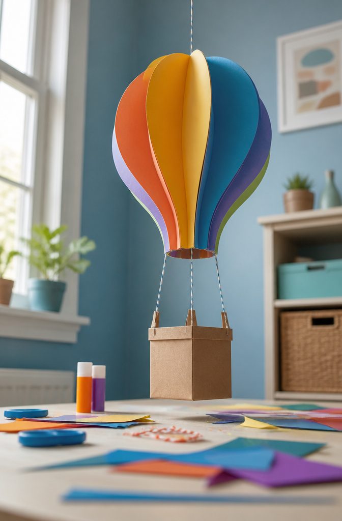 Colorful 3D paper hot air balloon with clouds.