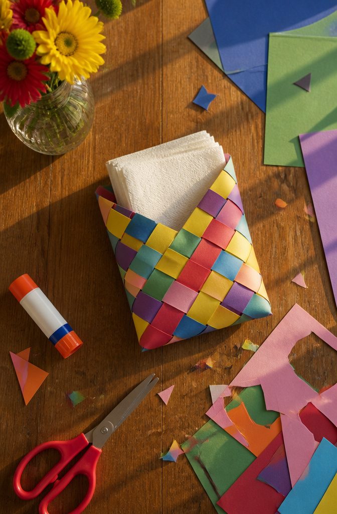 Colorful woven paper napkin holder on a table.