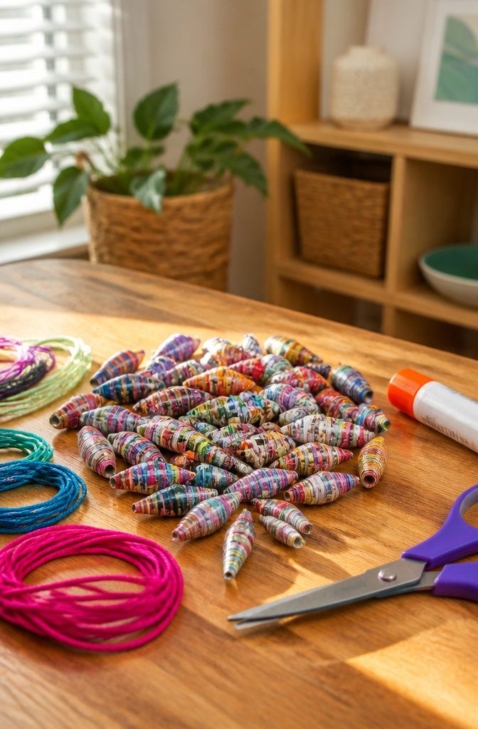 Vibrant paper beads crafted from magazine pages.