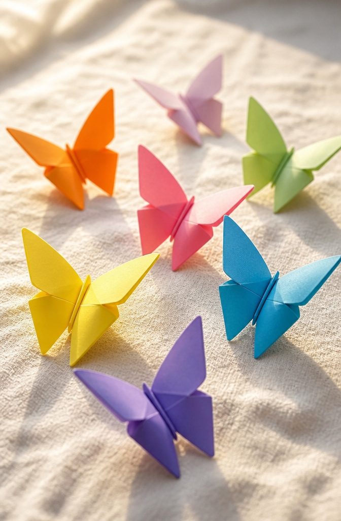 Colorful folded paper butterflies displayed on a table.