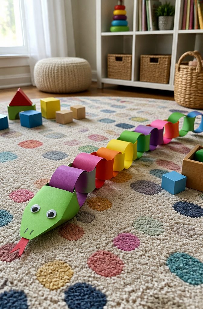 Colorful paper chain snake on a patterned carpet.