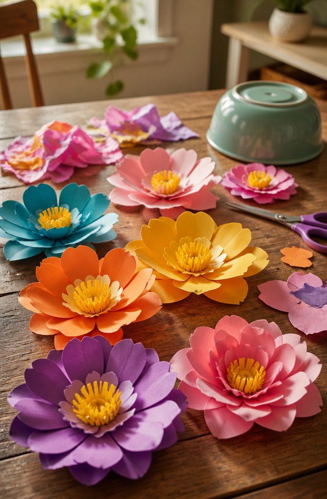 Colorful paper flowers layered on a table.