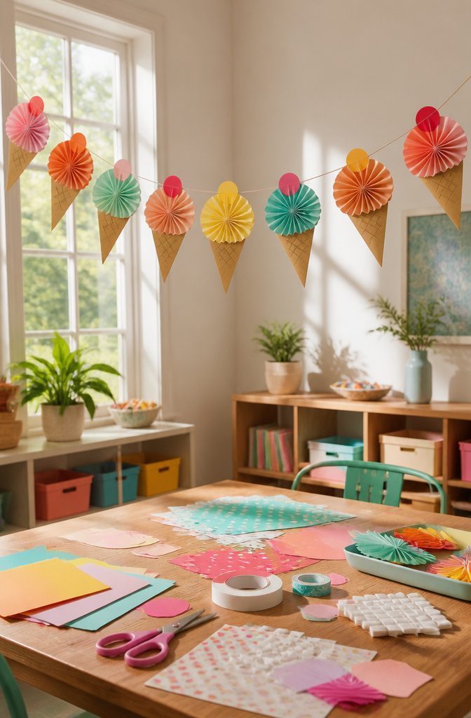 Colorful paper ice cream banner hanging in a room.