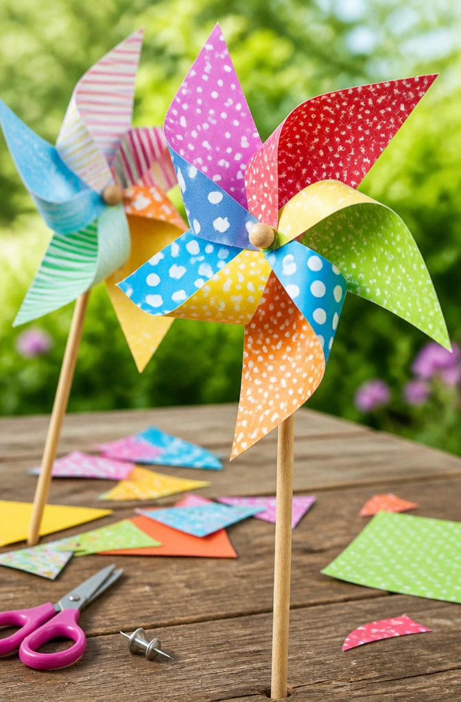 Colorful paper pinwheel attached to a wooden dowel.