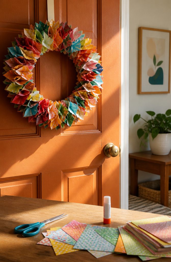 Colorful paper wreath hanging on a door.