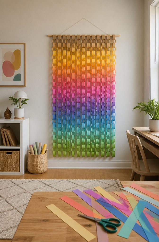 Rainbow-colored paper chain wall hanging draped across a mantel.