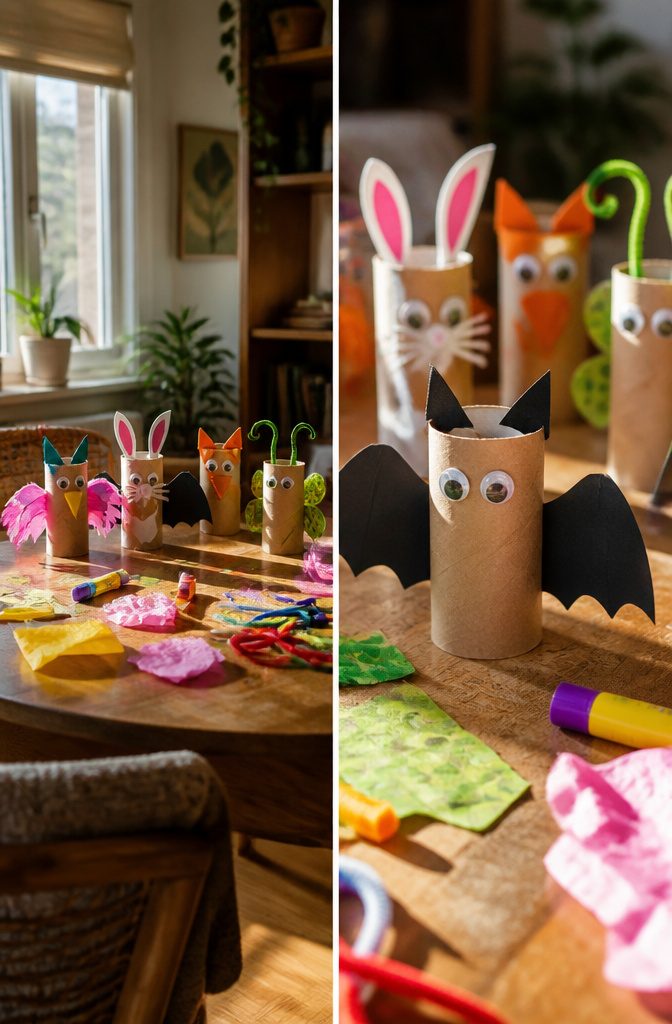 Various toilet roll creatures decorated with paper.
