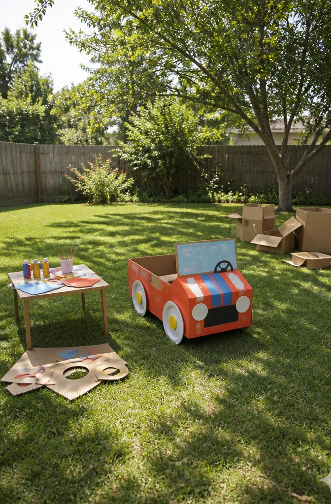 A large cardboard box shaped like a vehicle with wheels and a windshield.