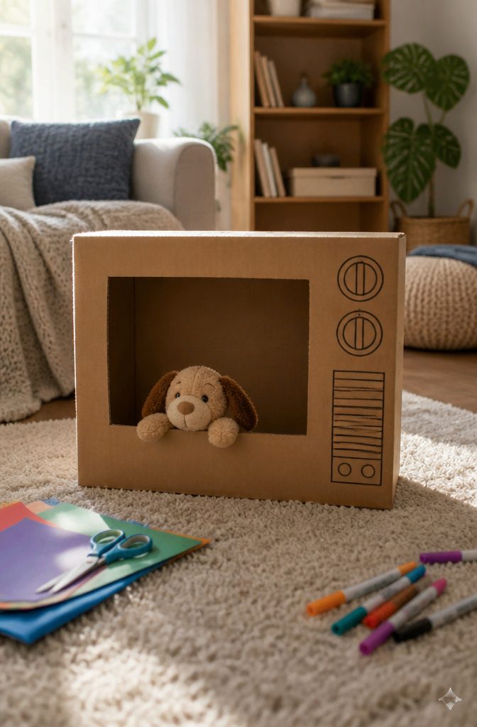 A cardboard box shaped like a TV with a screen cutout and markers.