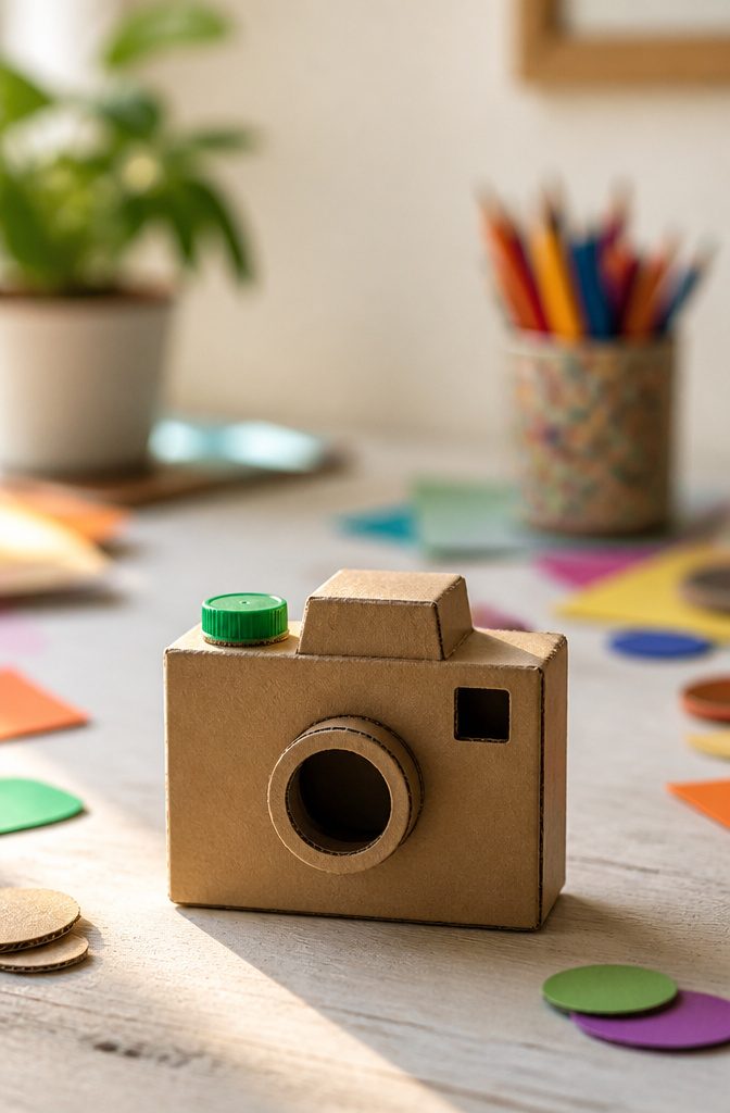 A cardboard camera with a round lens hole and viewfinder.