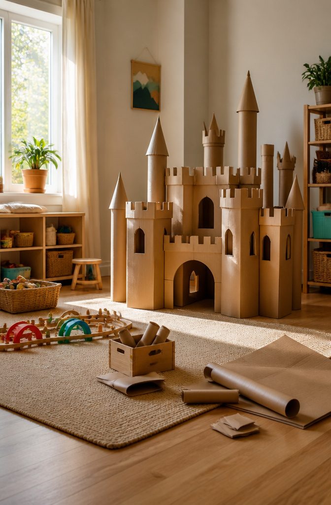 A cardboard castle with towers and notched battlements.