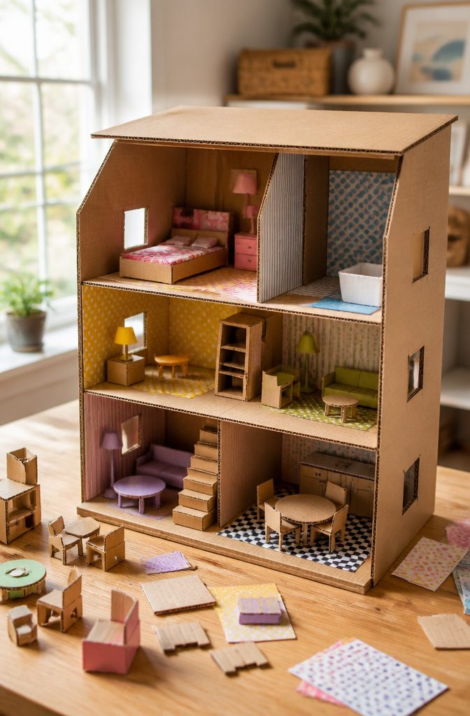A dollhouse made from a box with cutouts for windows and doors.