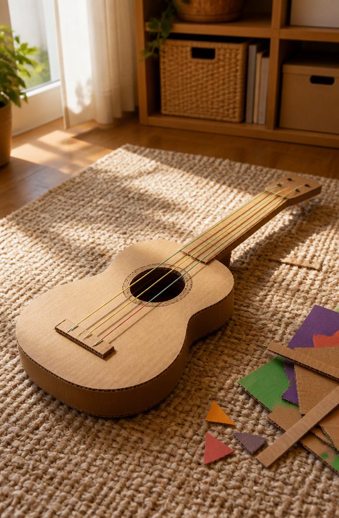 A flat cardboard guitar with rubber bands stretched across the sound hole.