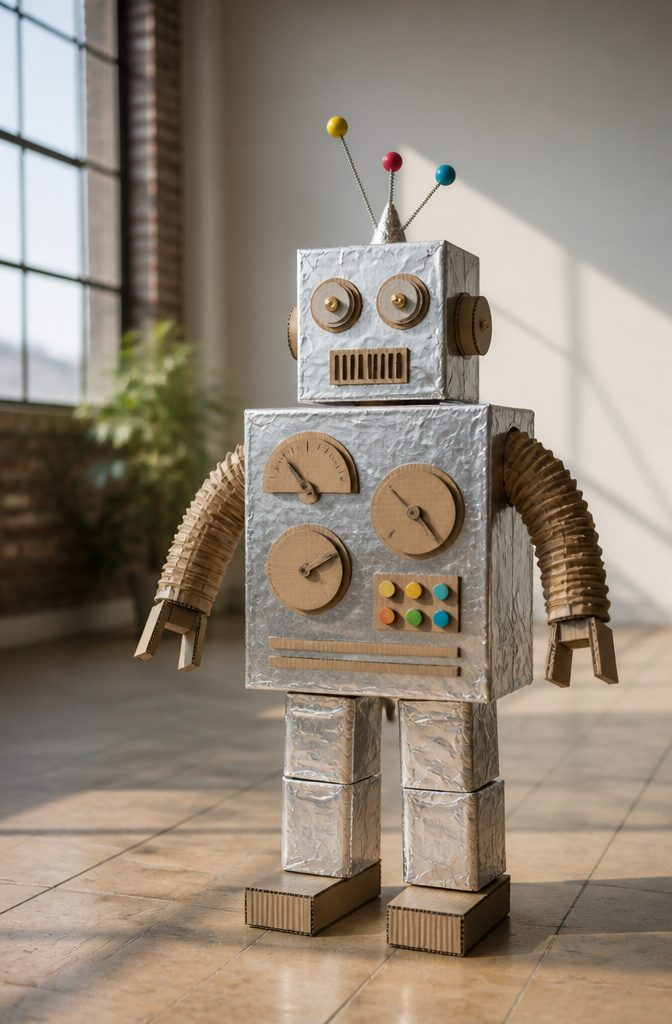 A cardboard robot made from boxes with dials and a foil finish.