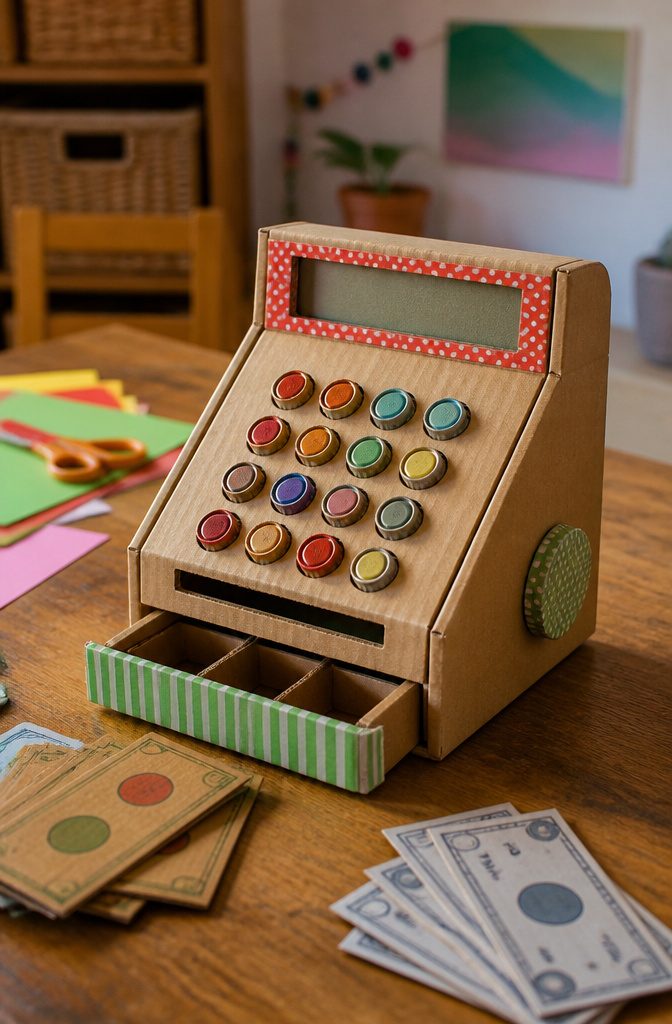 A cardboard cash register with a drawer and bottle cap buttons.