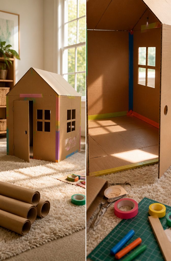 A cardboard playhouse with four panels and a separate roof piece.