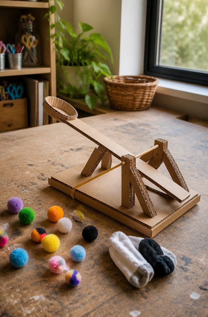 A cardboard catapult with a flat arm and soft projectiles nearby.