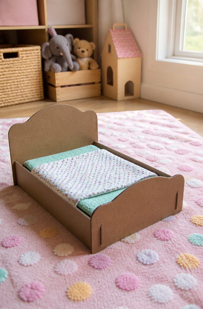 A cardboard doll bed with a washcloth mattress and patterned fabric blanket.