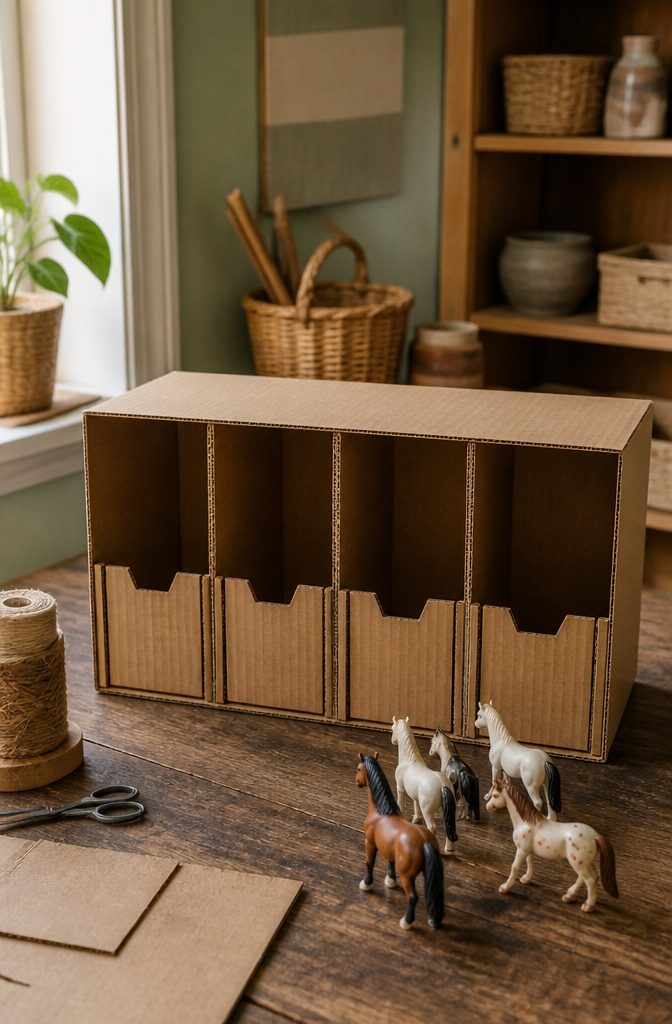 A shoebox horse stable with cardboard dividers and small toy horses.