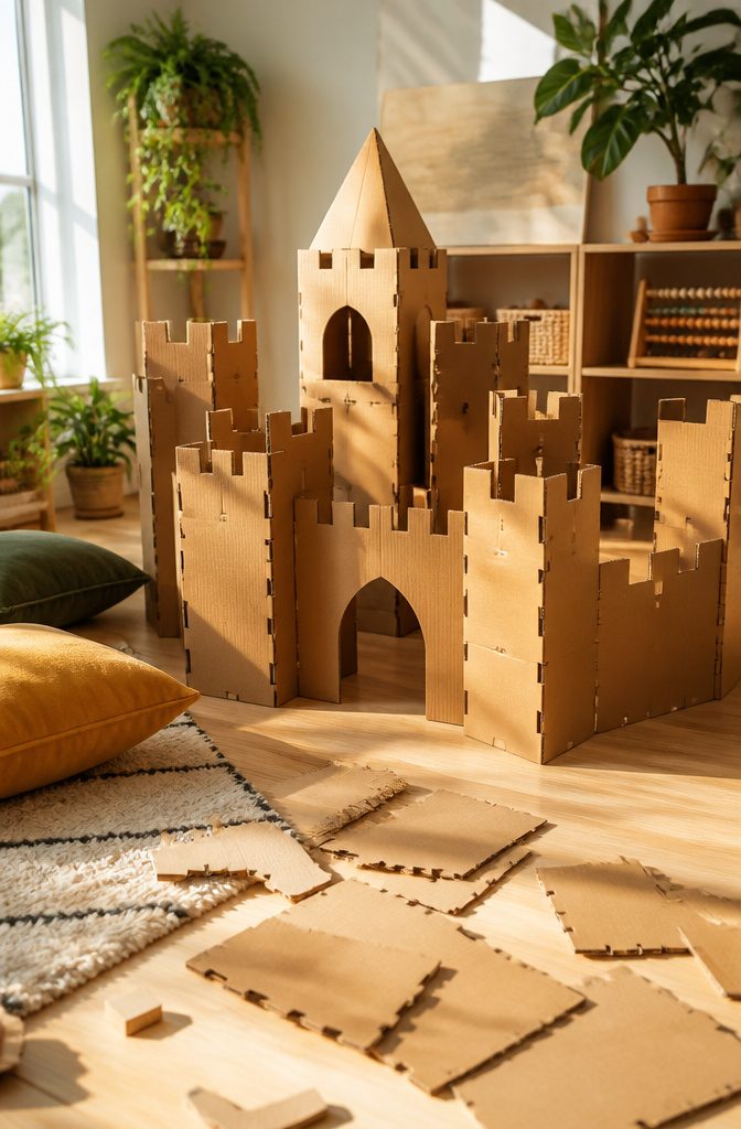 A cardboard castle with notched walls and towers locking together.