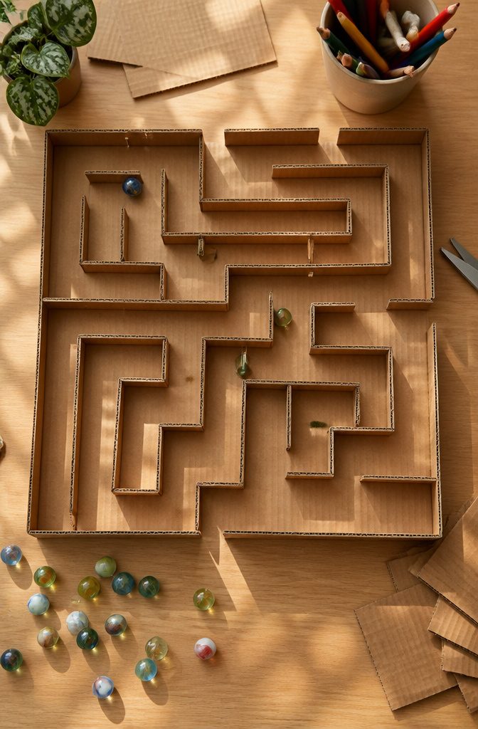 A cardboard marble maze with raised walls guiding a marble.