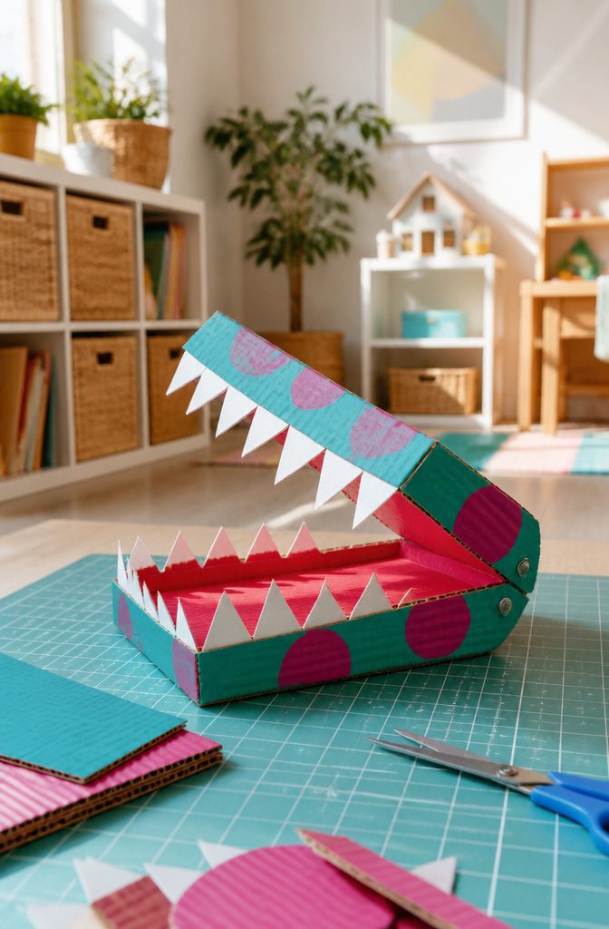 A set of colorful cardboard Monster Jaws with white paper teeth.