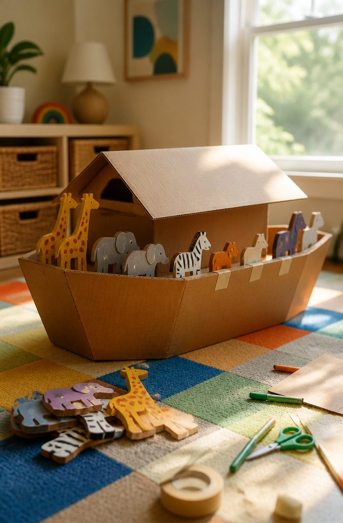 A cardboard Noah's Ark with painted flat animal shapes on a play mat.