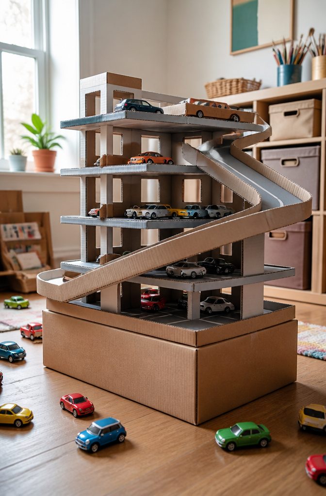 A cardboard parking garage with flat floors and a ramp for vehicles.