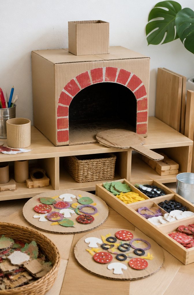 A cardboard pizza oven with an arch-shaped opening and dark interior.