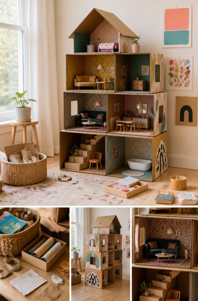 A dollhouse constructed from stacked cardboard boxes with open faces.