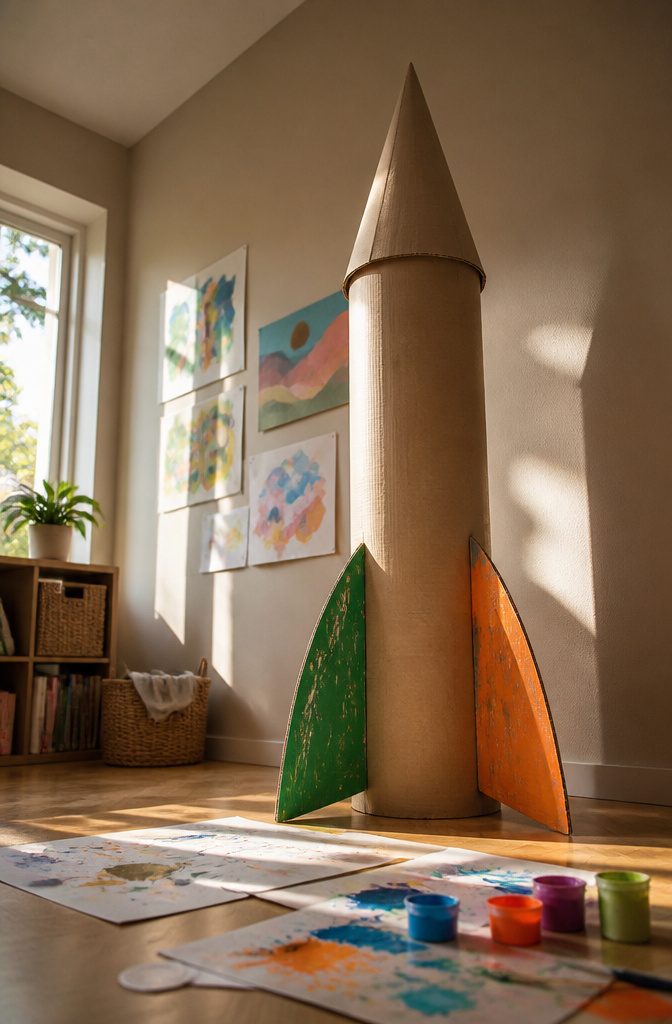 A cardboard rocket made from a shipping box and a cone-shaped nose.