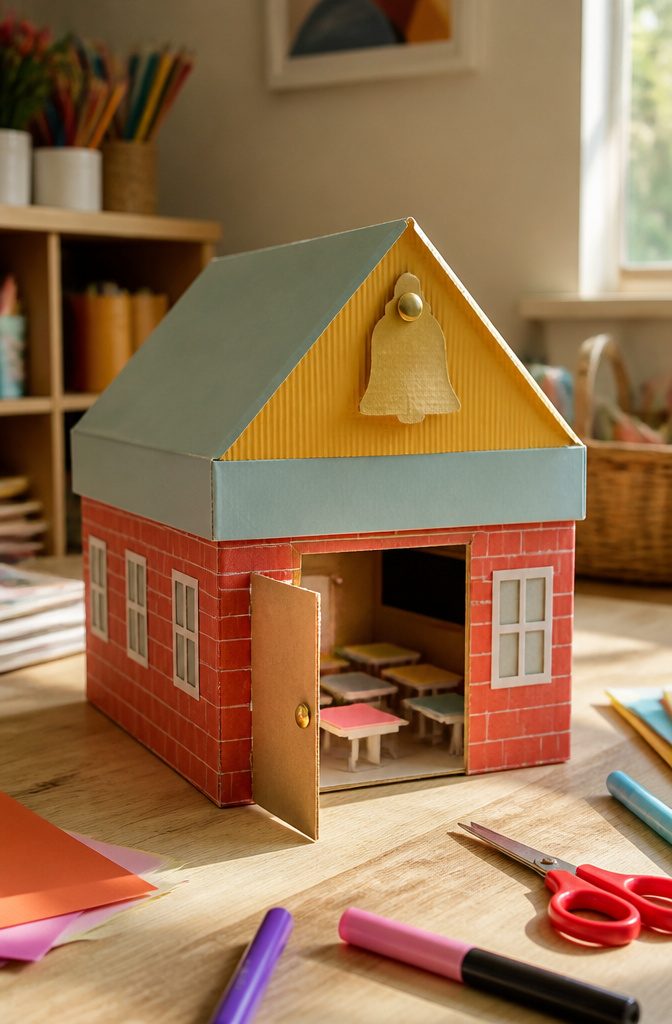 A shoebox converted into a schoolhouse with a peaked roof and door.
